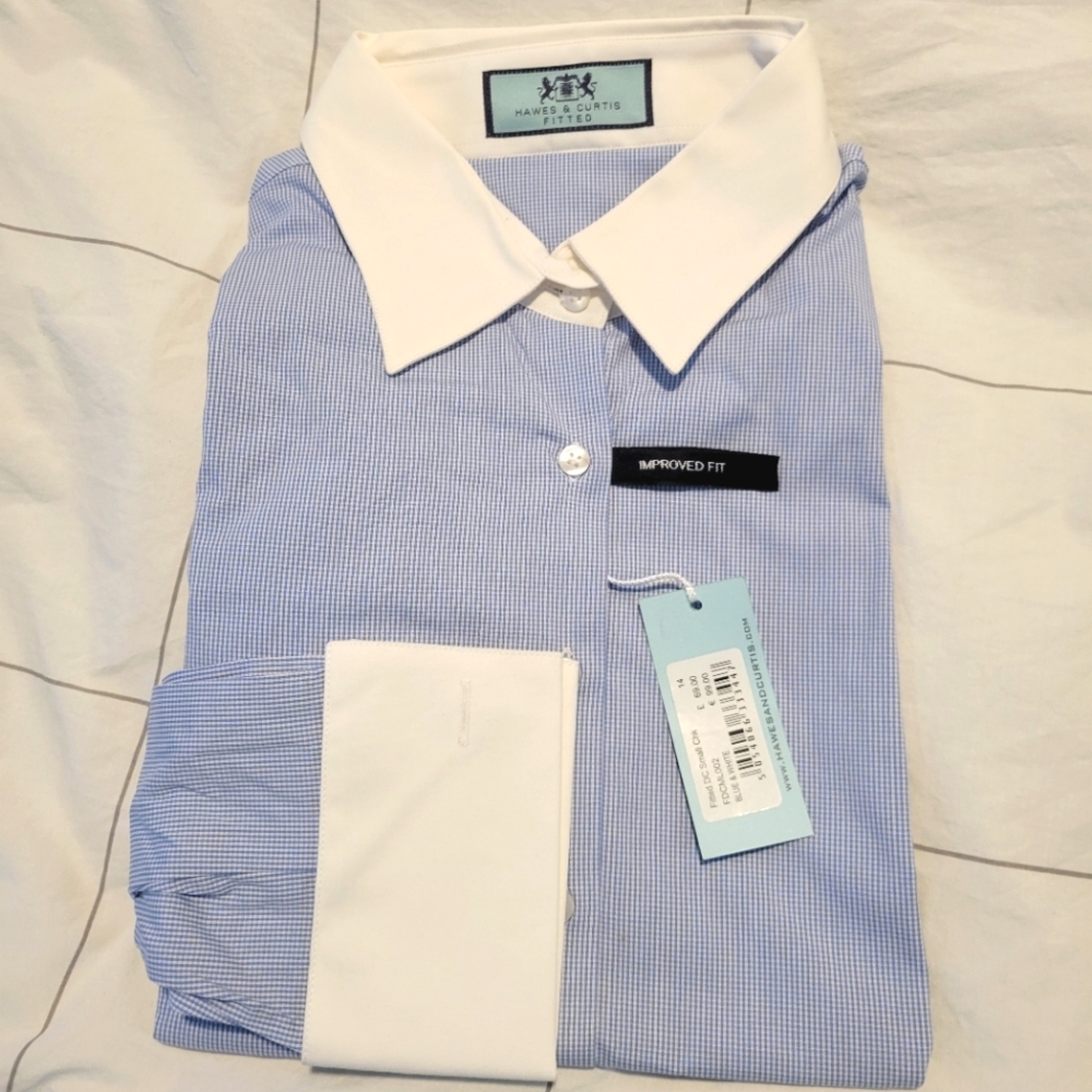 COPY - Hawes & Curtis Fitted Blue and White Small Check Shirt NWT Size UK14
